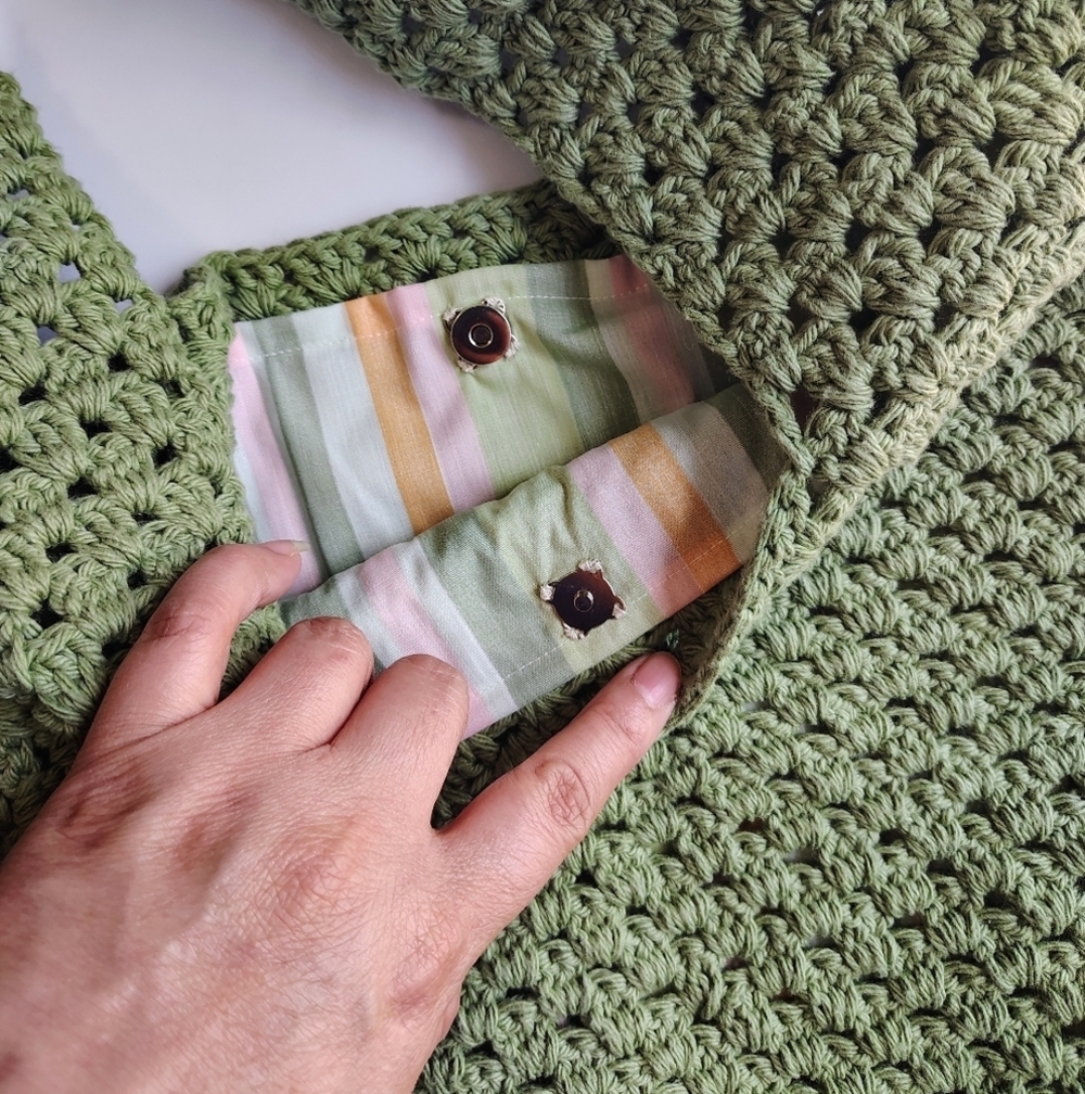 NWOT Handmade Tote Shoulder Bag Boho Chic Crochet Olive Green, Lightweight. - Picture 6 of 16
